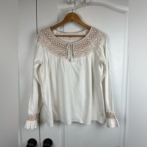 Faherty Laura Blouse SZ Medium Organic Cotton Boho Peasant Embroidered Smocked